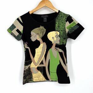 SOLD✨Vtg Y2K Custo Barcelona Black Green Multicolor Graphic Top Tee Artsy Phoebe